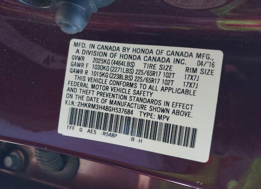 Photo 9 of 2016 Honda Cr-v SE (VIN 2HKRM3H48GH537684)