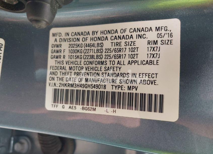 Photo 9 of 2016 Honda Cr-v SE (VIN 2HKRM3H49GH549018)