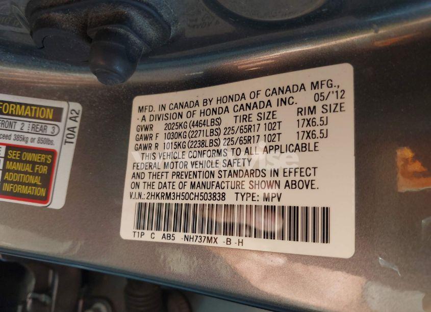 Photo 9 of 2012 Honda Cr-v EX (VIN 2HKRM3H50CH503838)