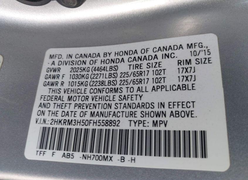 Photo 9 of 2015 Honda Cr-v EX (VIN 2HKRM3H50FH558892)