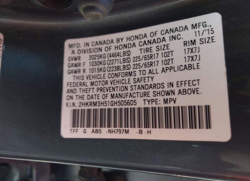 Photo 9 of 2016 Honda Cr-v EX (VIN 2HKRM3H51GH505605)