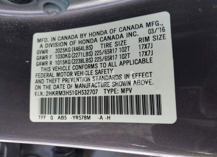 Photo 9 of 2016 Honda Cr-v EX (VIN 2HKRM3H51GH532707)