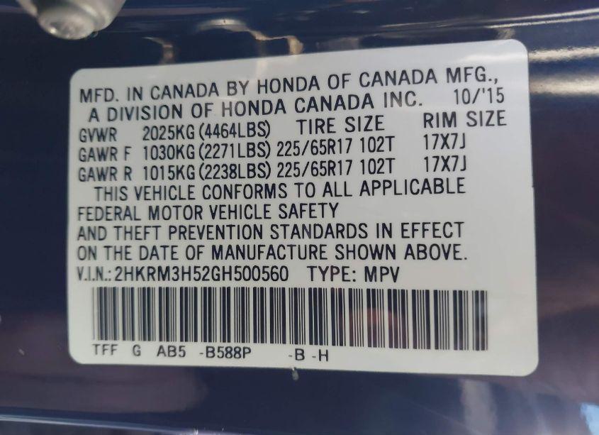 Photo 9 of 2016 Honda Cr-v EX (VIN 2HKRM3H52GH500560)