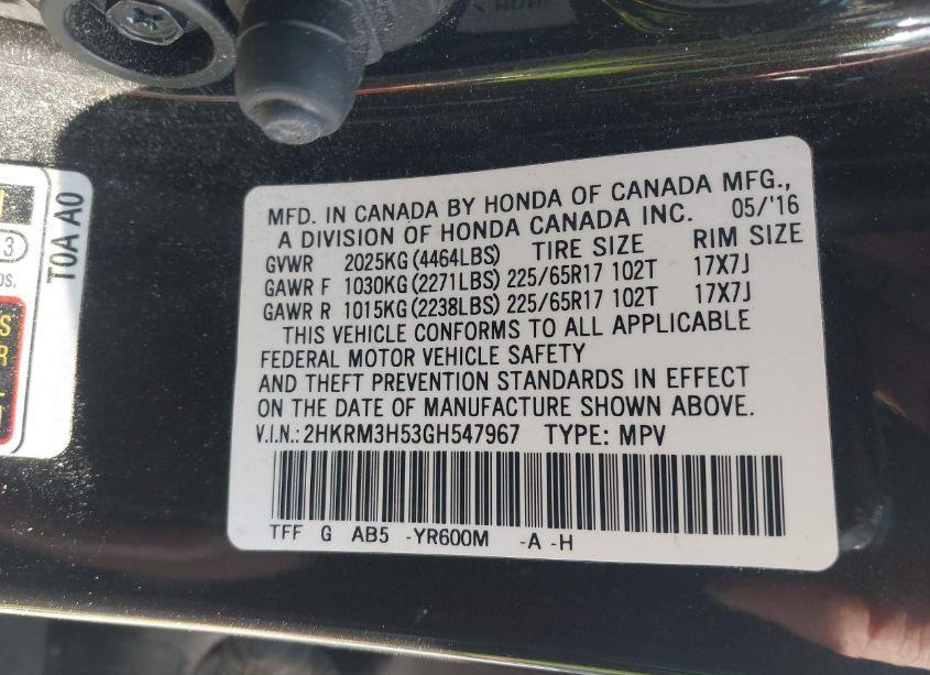 Photo 9 of 2016 Honda Cr-v EX (VIN 2HKRM3H53GH547967)