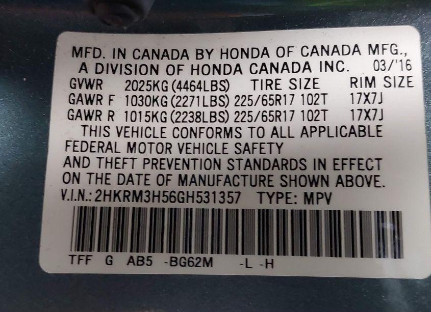 Photo 9 of 2016 Honda Cr-v EX (VIN 2HKRM3H56GH531357)