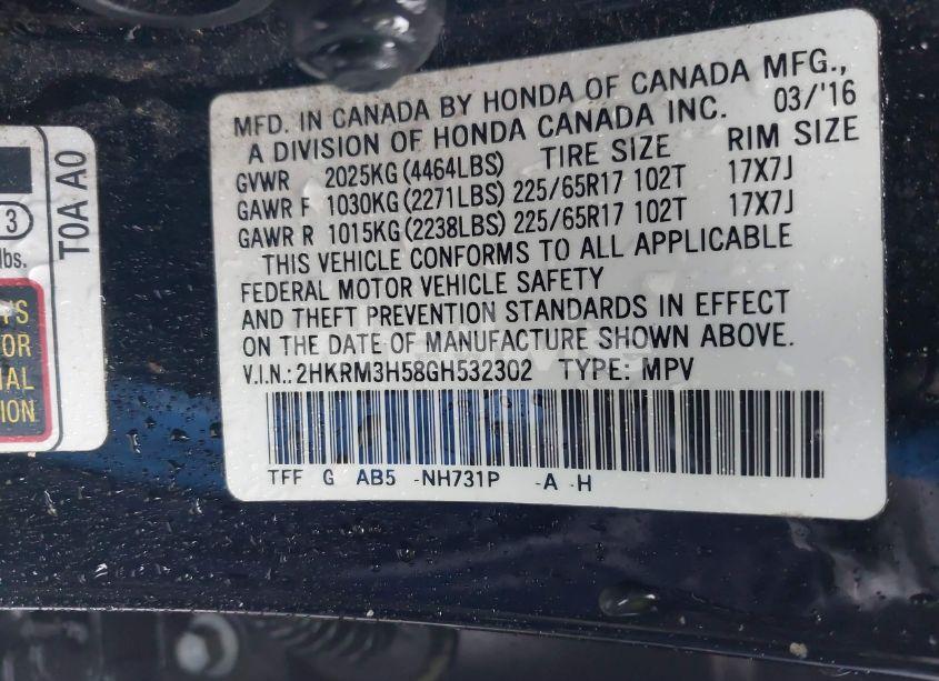 Photo 9 of 2016 Honda Cr-v EX (VIN 2HKRM3H58GH532302)