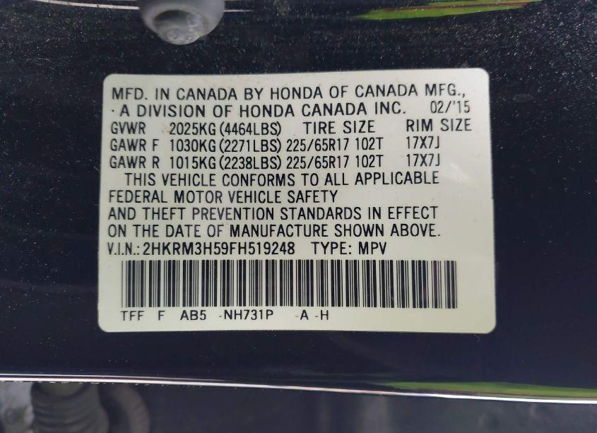Photo 9 of 2015 Honda Cr-v EX (VIN 2HKRM3H59FH519248)