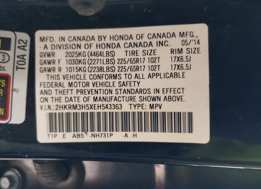 Photo 9 of 2014 Honda Cr-v EX (VIN 2HKRM3H5XEH543363)