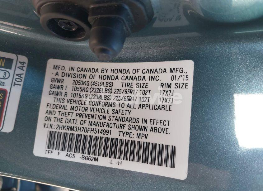 Photo 9 of 2015 Honda Cr-v EX-L (VIN 2HKRM3H70FH514991)