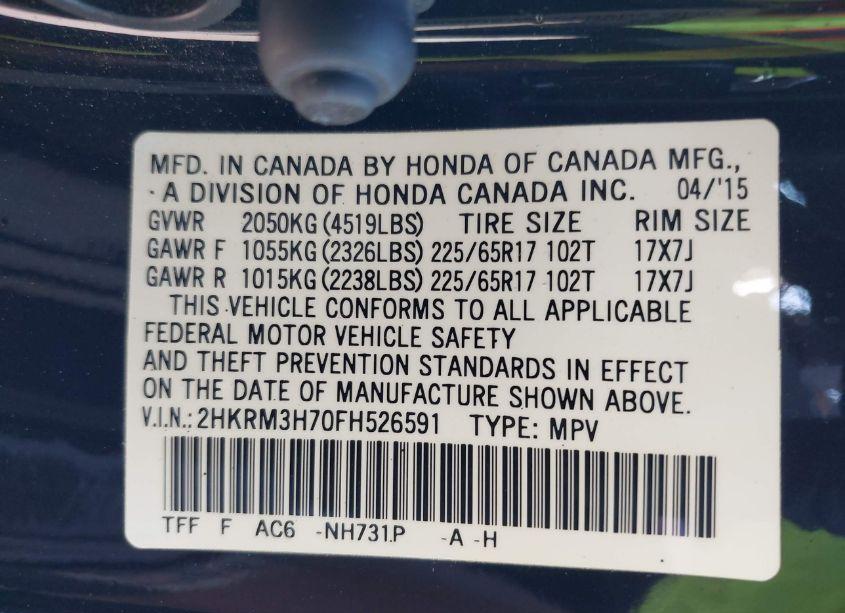 Photo 9 of 2015 Honda Cr-v EX-L (VIN 2HKRM3H70FH526591)