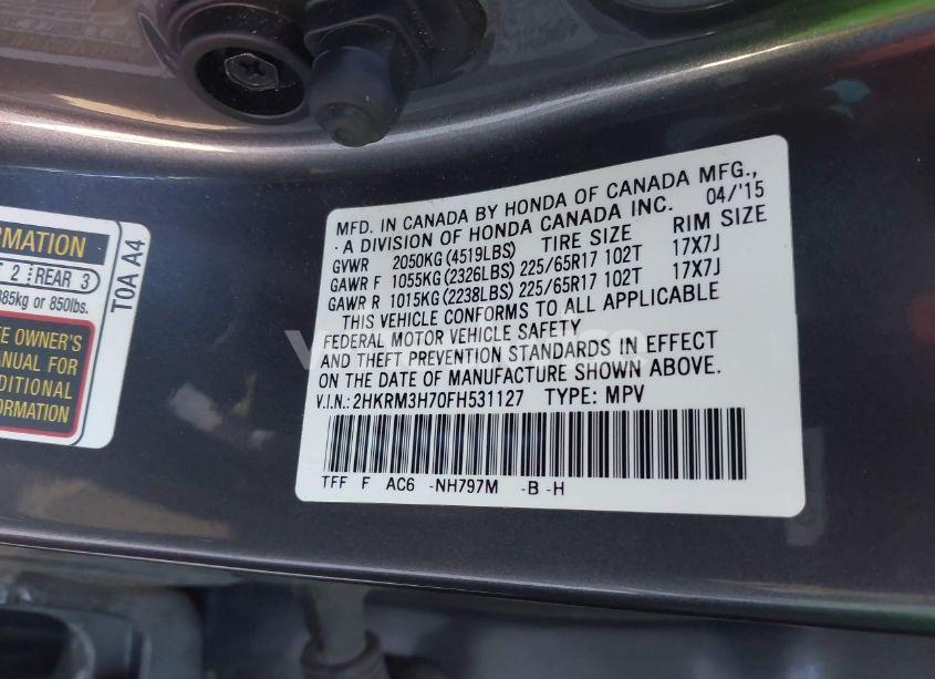 Photo 9 of 2015 Honda Cr-v EX-L (VIN 2HKRM3H70FH531127)