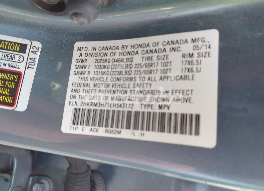 Photo 9 of 2014 Honda Cr-v EX-L (VIN 2HKRM3H71EH543172)