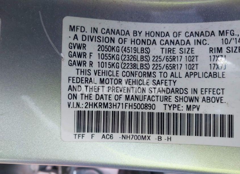Photo 9 of 2015 Honda Cr-v EX-L (VIN 2HKRM3H71FH500890)