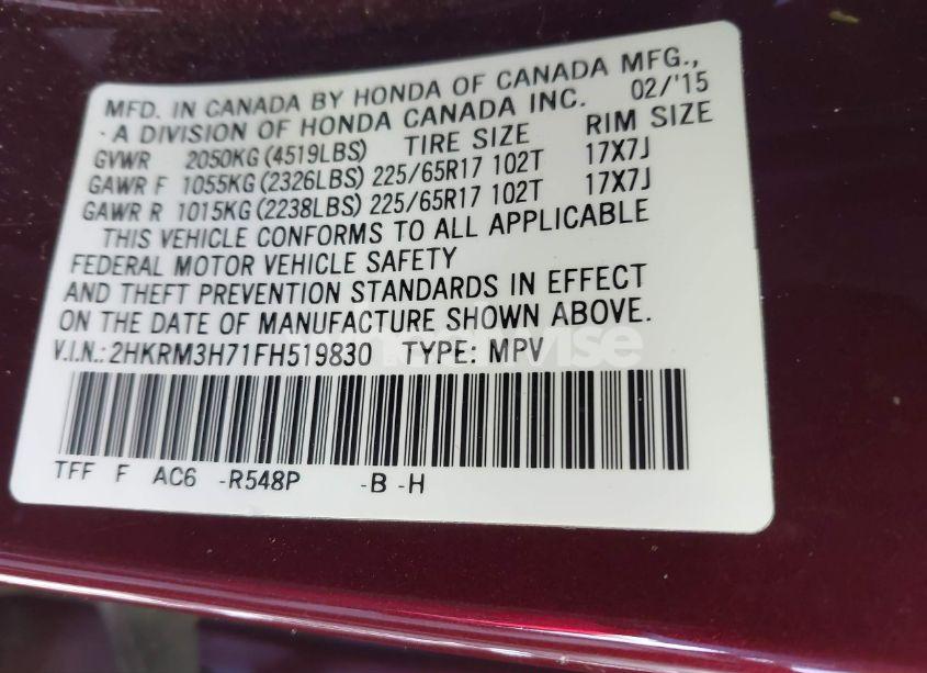 Photo 9 of 2015 Honda Cr-v EX-L (VIN 2HKRM3H71FH519830)