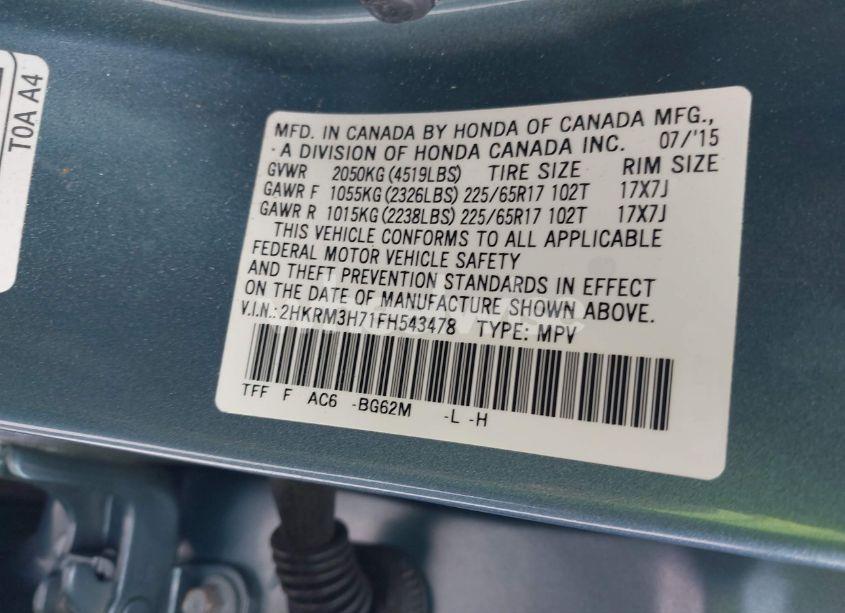 Photo 9 of 2015 Honda Cr-v EX-L (VIN 2HKRM3H71FH543478)