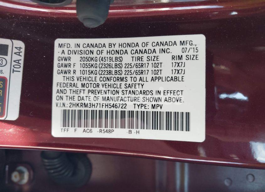 Photo 9 of 2015 Honda Cr-v EX-L (VIN 2HKRM3H71FH546722)