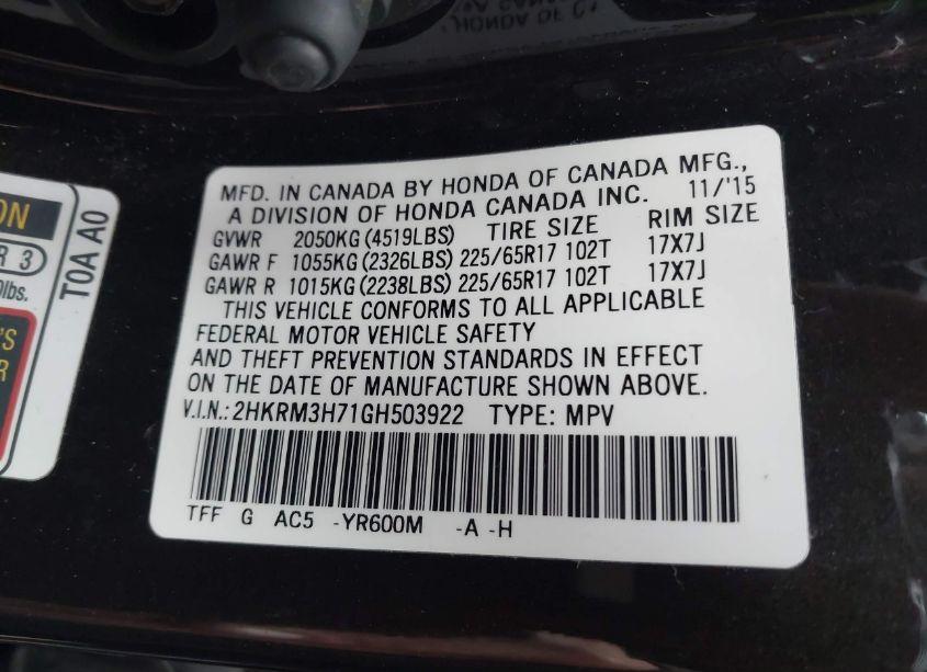 Photo 9 of 2016 Honda Cr-v EX-L (VIN 2HKRM3H71GH503922)