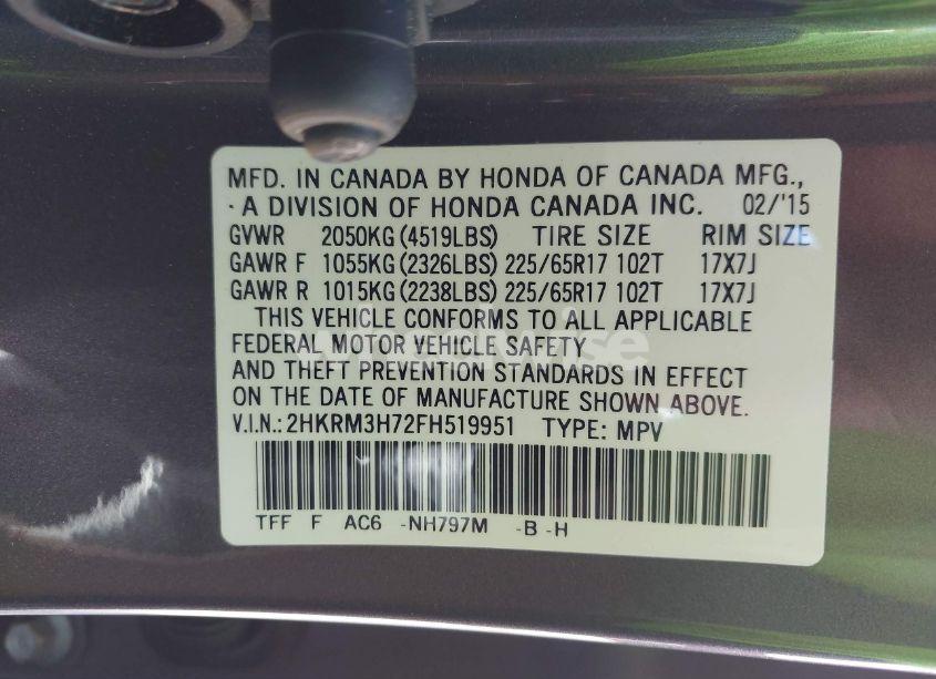 Photo 9 of 2015 Honda Cr-v EX-L (VIN 2HKRM3H72FH519951)