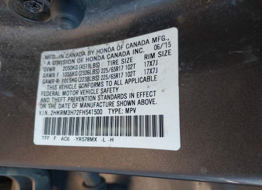 Photo 9 of 2015 Honda Cr-v EX-L (VIN 2HKRM3H72FH541500)