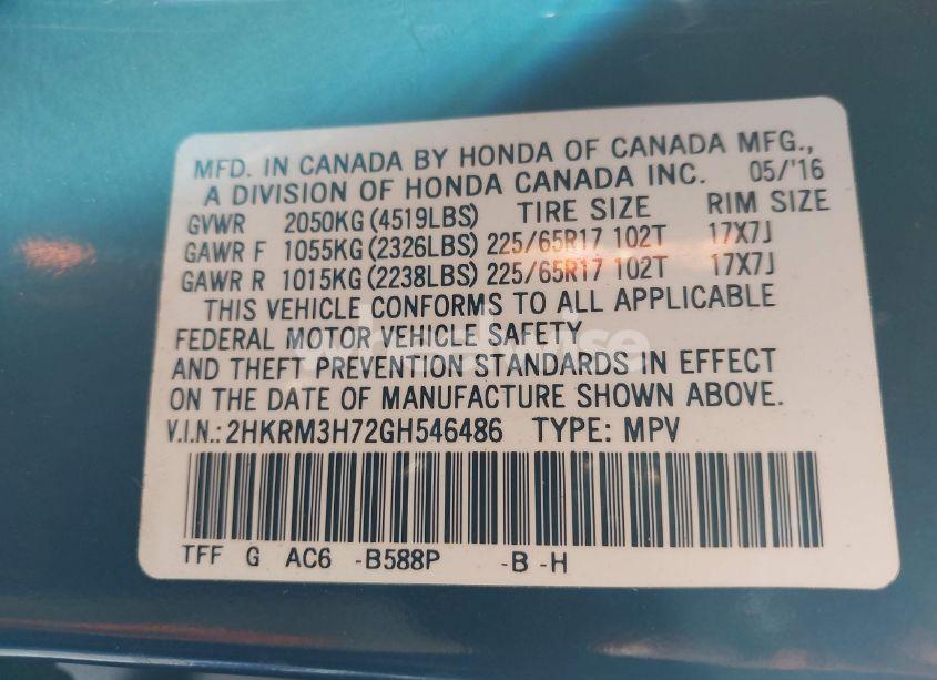 Photo 9 of 2016 Honda Cr-v EX-L (VIN 2HKRM3H72GH546486)