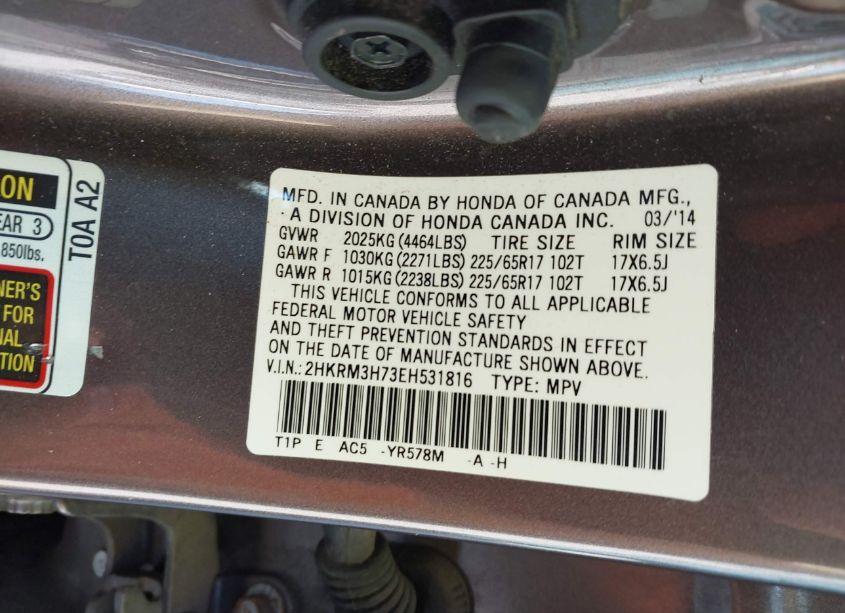 Photo 9 of 2014 Honda Cr-v EX-L (VIN 2HKRM3H73EH531816)