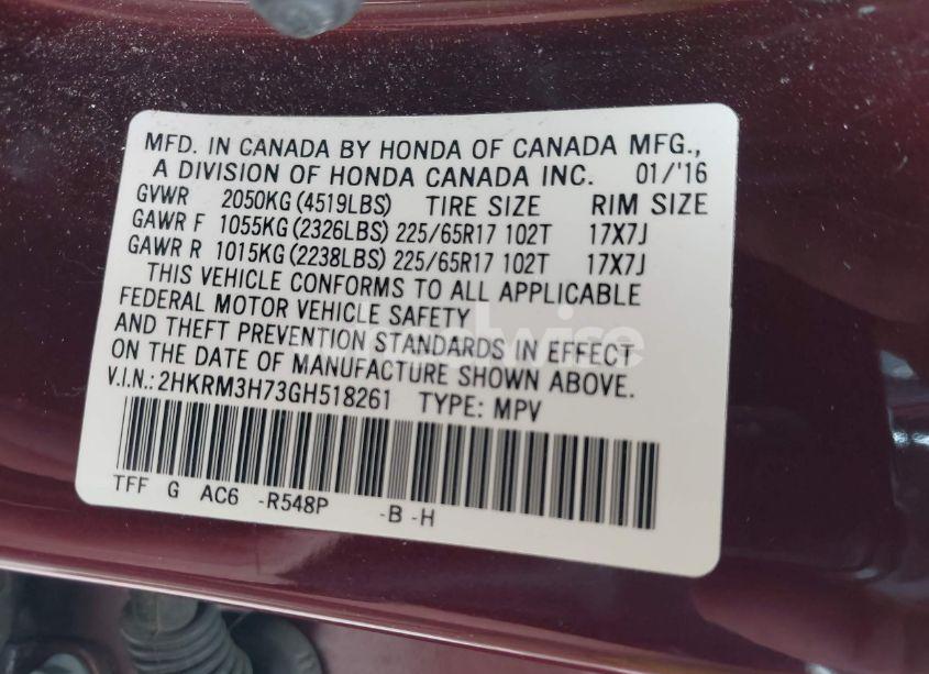 Photo 9 of 2016 Honda Cr-v EX-L (VIN 2HKRM3H73GH518261)