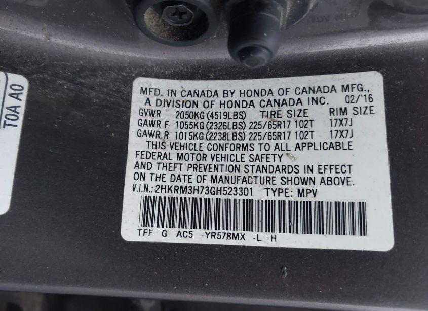 Photo 9 of 2016 Honda Cr-v EX-L (VIN 2HKRM3H73GH523301)