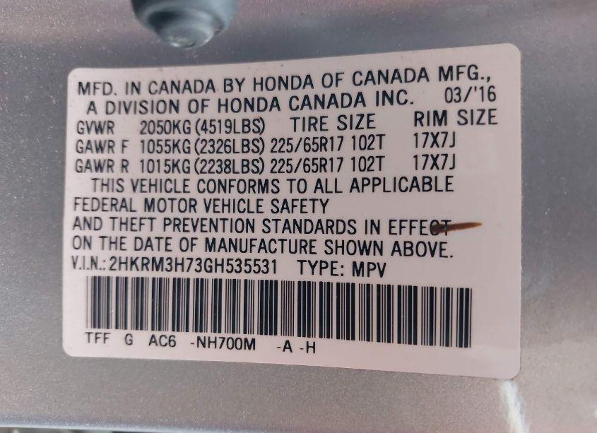 Photo 9 of 2016 Honda Cr-v EX-L (VIN 2HKRM3H73GH535531)