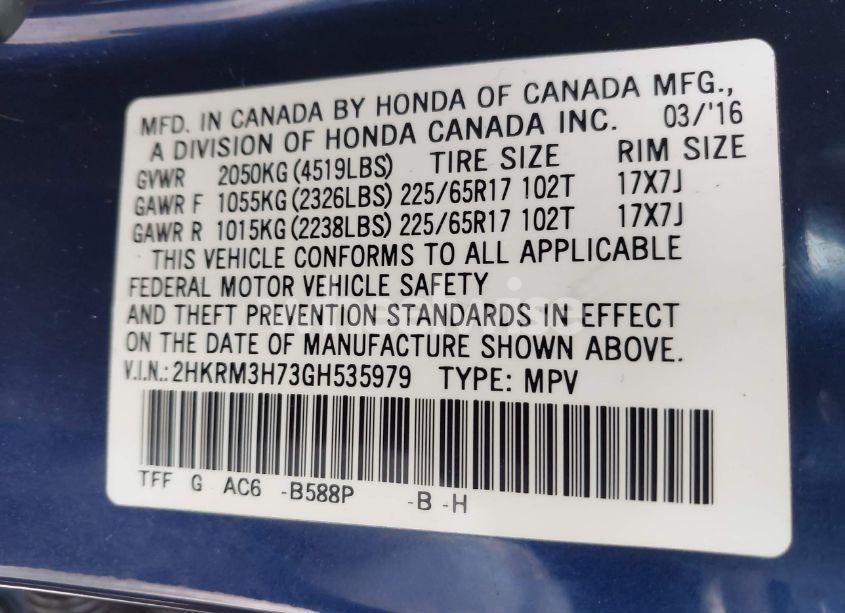 Photo 9 of 2016 Honda Cr-v EX-L (VIN 2HKRM3H73GH535979)