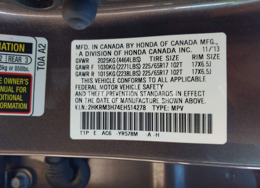 Photo 9 of 2014 Honda Cr-v EX-L (VIN 2HKRM3H74EH514278)