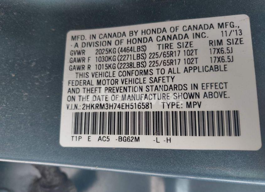 Photo 9 of 2014 Honda Cr-v EX-L (VIN 2HKRM3H74EH516581)