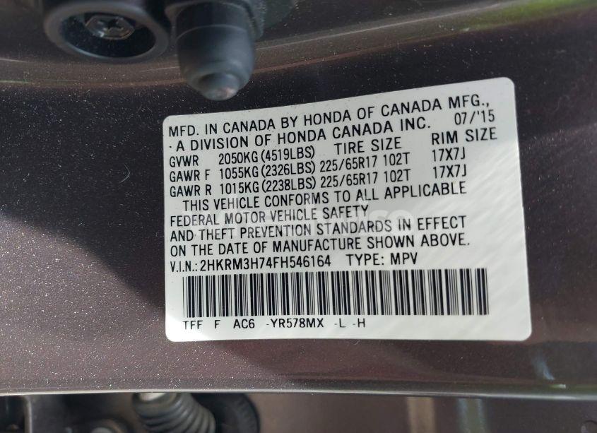 Photo 9 of 2015 Honda Cr-v EX-L (VIN 2HKRM3H74FH546164)