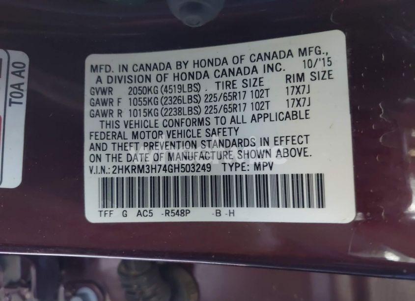 Photo 9 of 2016 Honda Cr-v EX-L (VIN 2HKRM3H74GH503249)