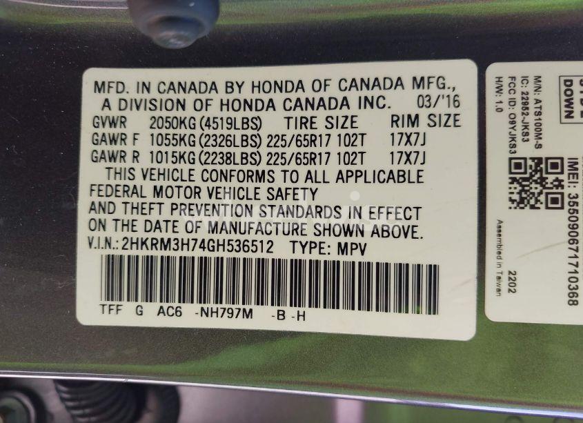 Photo 9 of 2016 Honda Cr-v EX-L (VIN 2HKRM3H74GH536512)