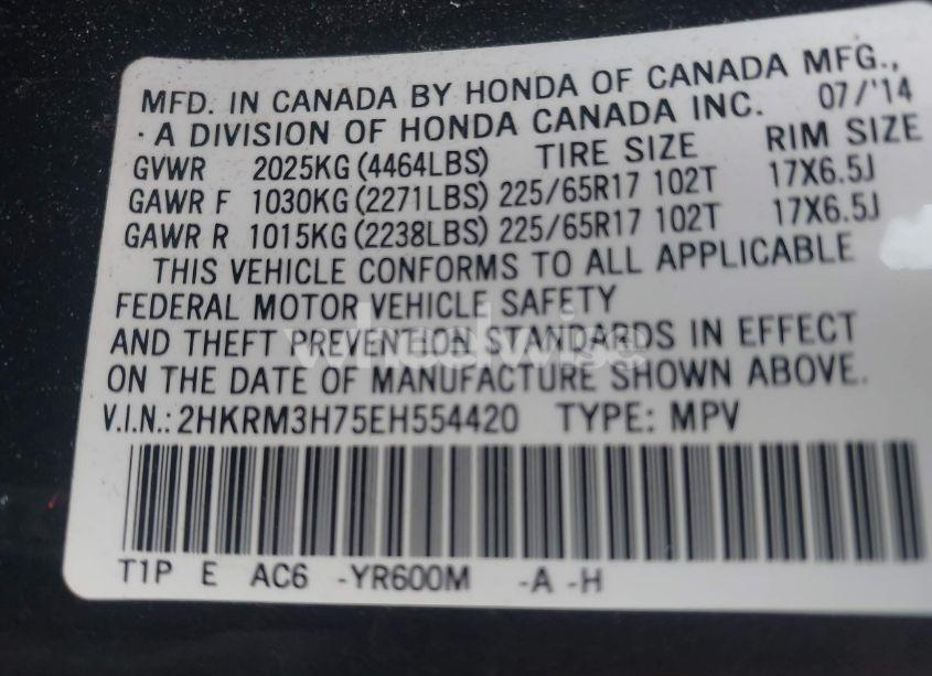 Photo 9 of 2014 Honda Cr-v EX-L (VIN 2HKRM3H75EH554420)