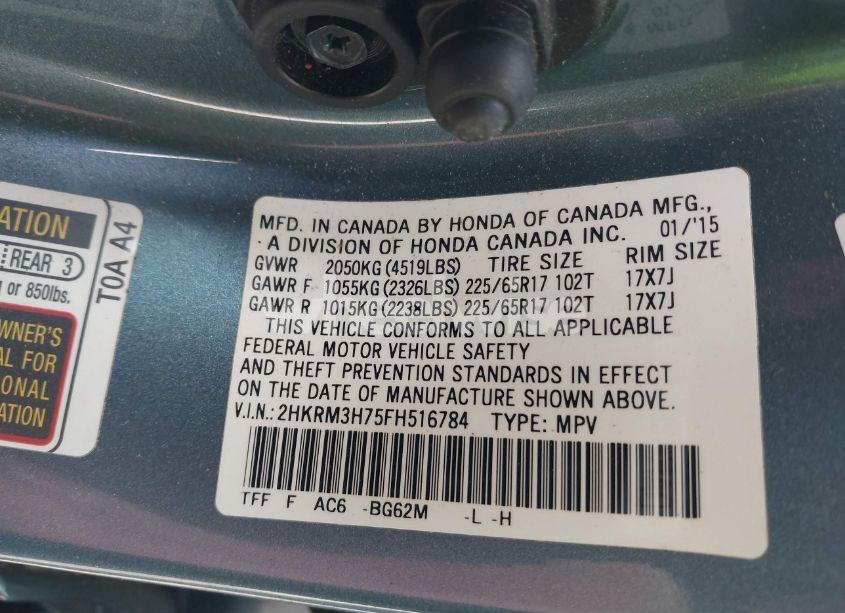 Photo 9 of 2015 Honda Cr-v EX-L (VIN 2HKRM3H75FH516784)