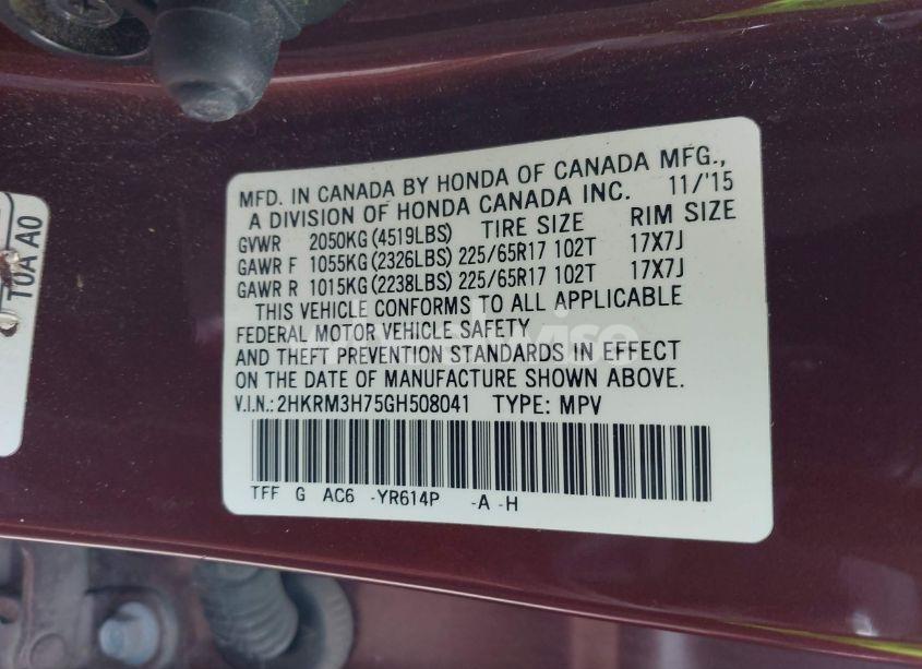 Photo 9 of 2016 Honda Cr-v EX-L (VIN 2HKRM3H75GH508041)