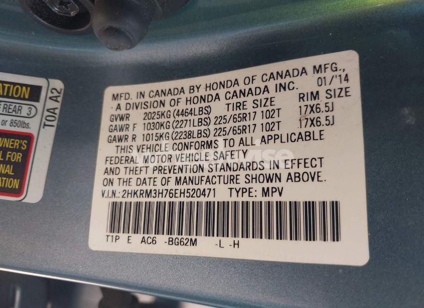 Photo 9 of 2014 Honda Cr-v EX-L (VIN 2HKRM3H76EH520471)