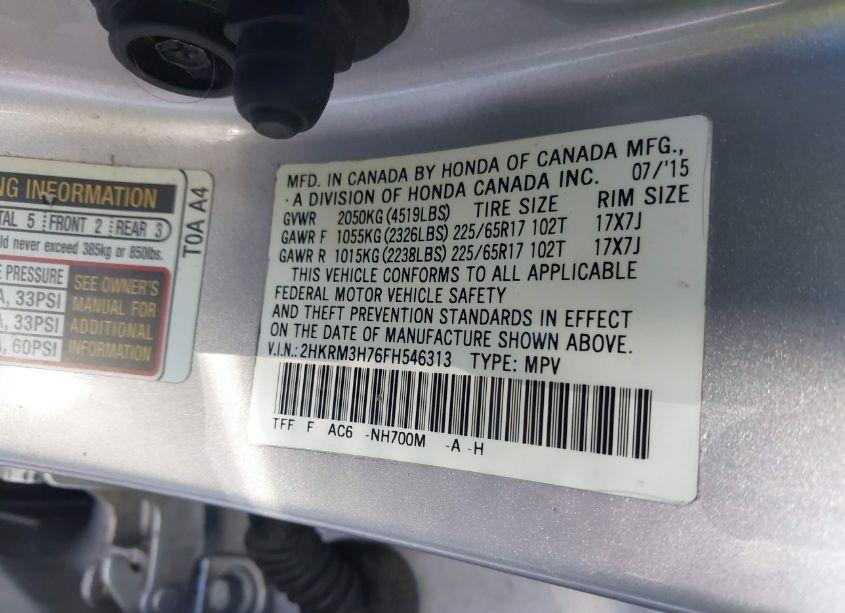 Photo 9 of 2015 Honda Cr-v EX-L (VIN 2HKRM3H76FH546313)