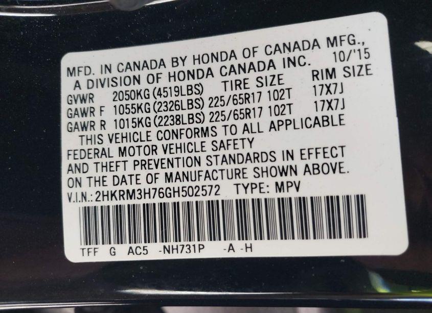 Photo 9 of 2016 Honda Cr-v EX-L (VIN 2HKRM3H76GH502572)