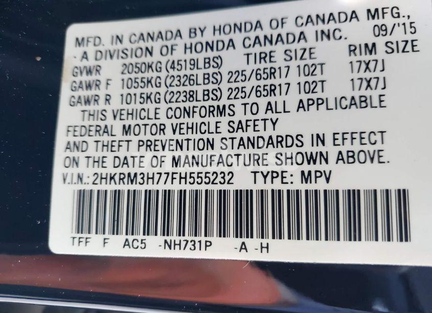 Photo 9 of 2015 Honda Cr-v EX-L (VIN 2HKRM3H77FH555232)