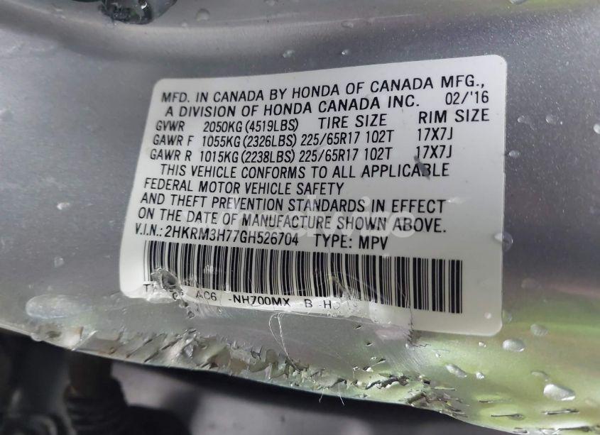 Photo 9 of 2016 Honda Cr-v EX-L (VIN 2HKRM3H77GH526704)