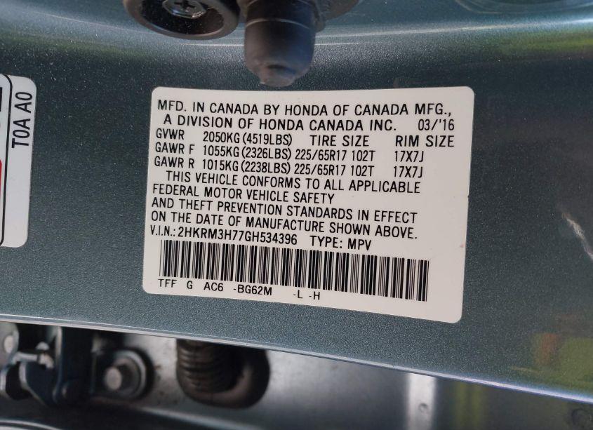 Photo 9 of 2016 Honda Cr-v EX-L (VIN 2HKRM3H77GH534396)