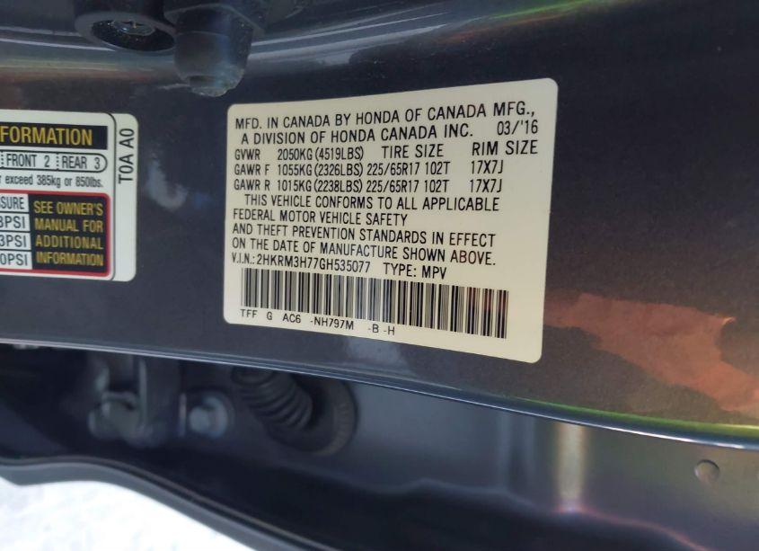 Photo 9 of 2016 Honda Cr-v EX-L (VIN 2HKRM3H77GH535077)