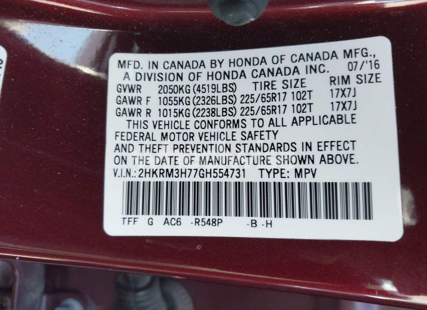 Photo 9 of 2016 Honda Cr-v EX-L (VIN 2HKRM3H77GH554731)