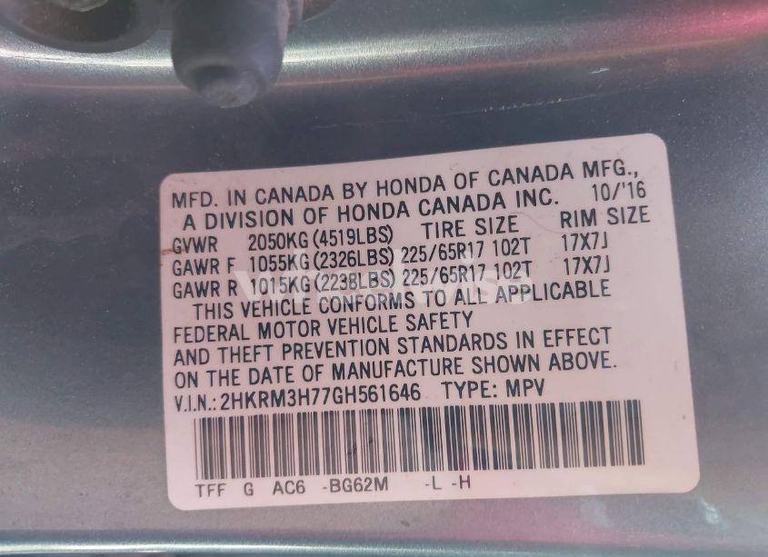 Photo 9 of 2016 Honda Cr-v EX-L (VIN 2HKRM3H77GH561646)