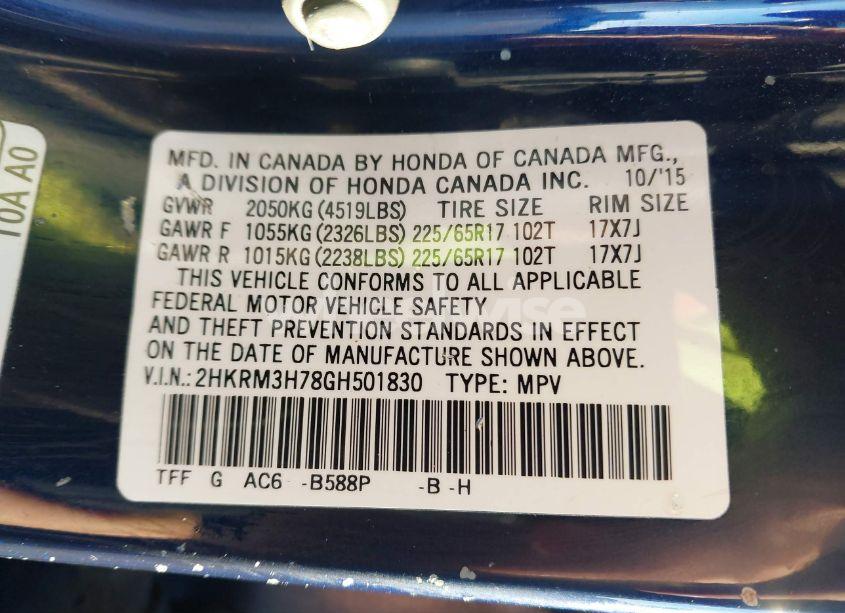 Photo 9 of 2016 Honda Cr-v EX-L (VIN 2HKRM3H78GH501830)