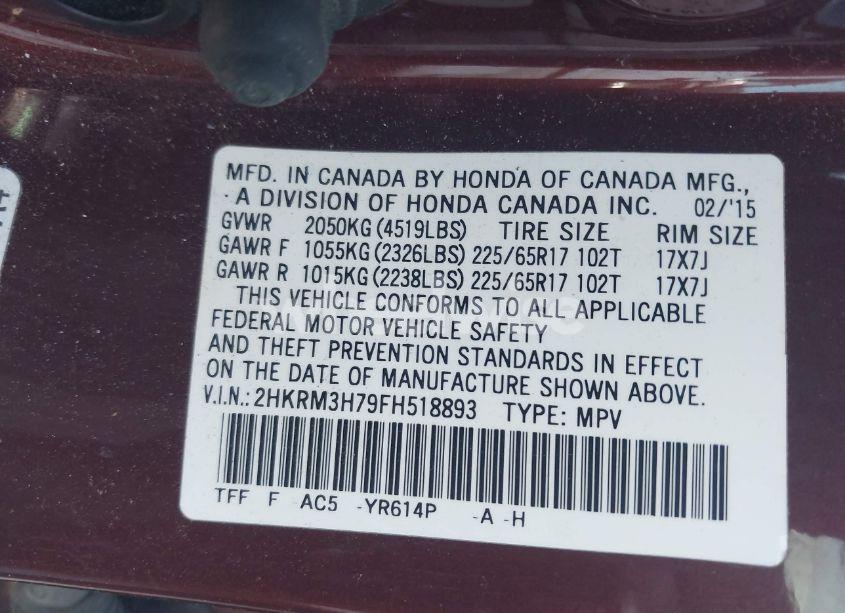 Photo 9 of 2015 Honda Cr-v EX-L (VIN 2HKRM3H79FH518893)