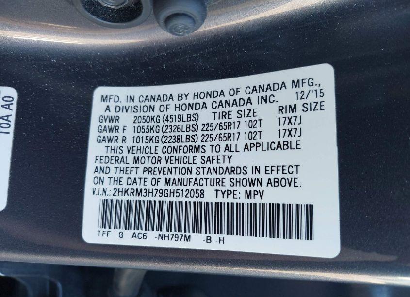 Photo 9 of 2016 Honda Cr-v EX-L (VIN 2HKRM3H79GH512058)