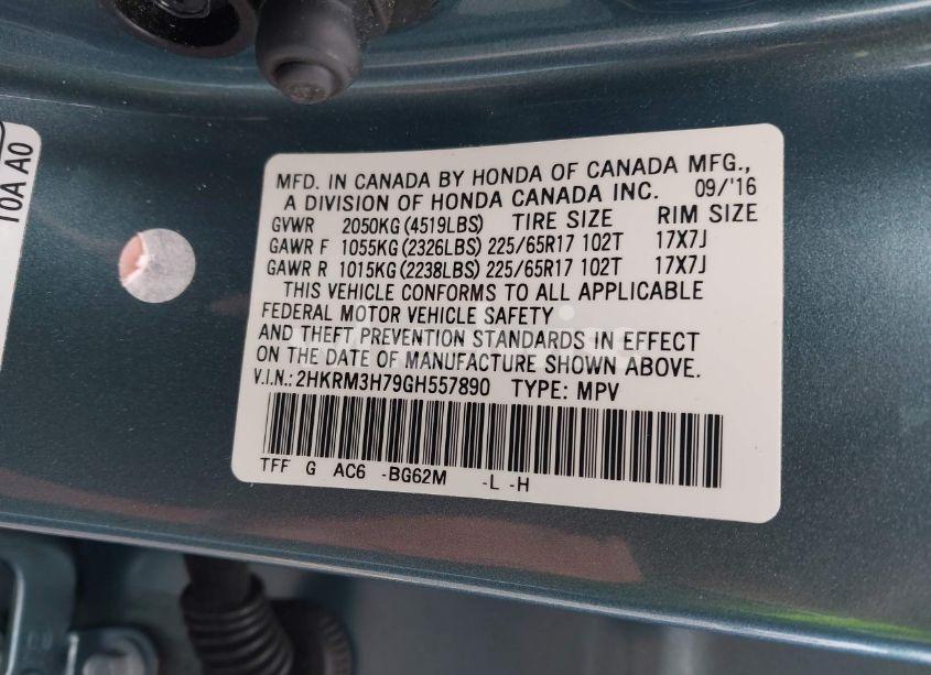 Photo 9 of 2016 Honda Cr-v EX-L (VIN 2HKRM3H79GH557890)